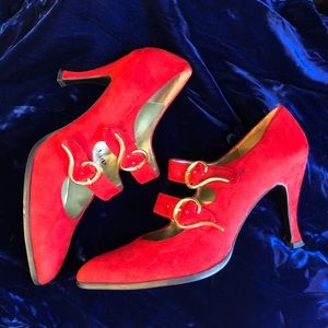 Nine West Red Suede Shoes Heels Leather Soles